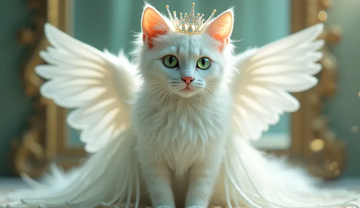 A one beautiful cute white angel cat in (white colour dress ,crown in head,green eyes) stand in the front of mirror