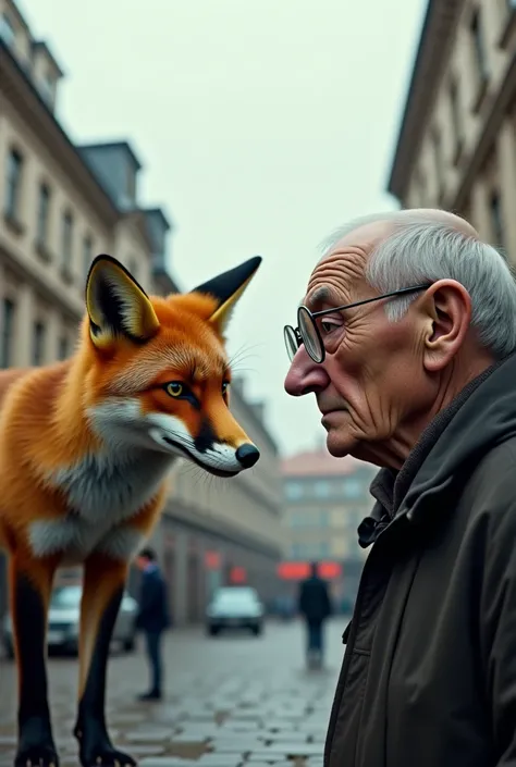 A fox caught an old man with tight glasses on the street in Russia