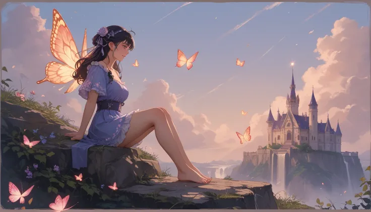 solo focus, 1girl, (masterpiece, high quality:1), красивая девушка, Your illustration depicts a girl sitting on a huge book, with glowing butterflies flying around her. A magical castle can be seen in the distance, and the sky is painted in pastel pink and...