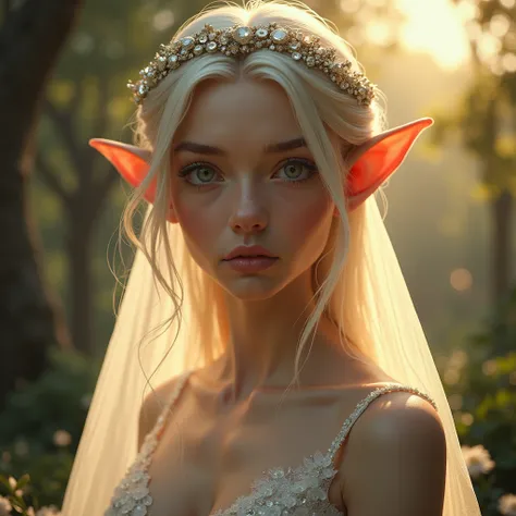 (((an ethereal elf with a bridal hairstyle))). (((sunlight to highlight the skin))), wearing a mystical wedding dress, (ultra quality:1.3), masterpiece, (highly detailed), HDR, 8K, (depth of field), sharp focus, soft shadows. 
