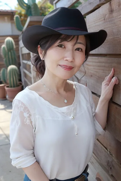  55 year old beautiful mature Japanese woman, Married woman, There are fine wrinkles, long eyelashes, Sparkling Eyes,  low ponytail, Red lipstick,  elegant,  pearl necklace, Western US,  cowboy hat, Westernファッション, Ride a horse, Western, desert, Cactus,  vi...