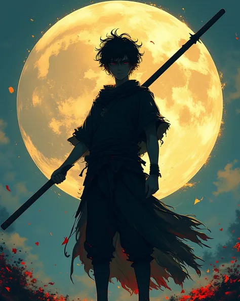 A captivating anime-style silhouette of a young warrior standing in front of a massive, glowing full moon. The figure holds a long, rustic staff horizontally across his shoulders, with both hands gripping it firmly. His tousled, unkempt hair adds a sense o...