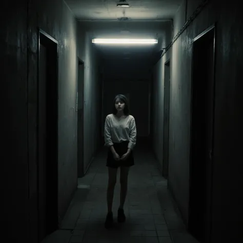 The outer hallway of the apartment at night, girl, fluorescent light 