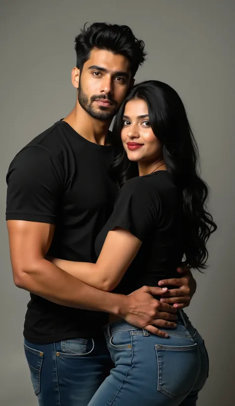 handsome man in black shirt back hug a chick of Indian  bhabhi milf, black hair, big boobs, tshirt jeans ,  realistic looks, thick thighs and round big boobs with brown nipples red lipstick, realistic ultra hd studio type photo 