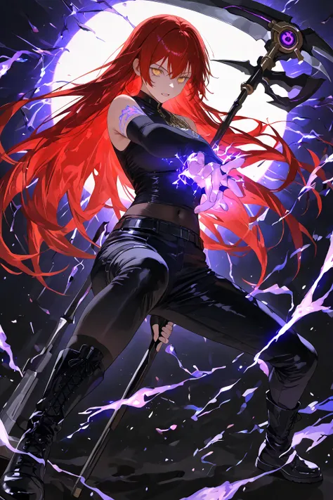 1girl, long black knee socks, black boots, black
Short pants, tight black top, black fingerless
arm warmers, red hair,
Extra long hair, golden eyes, holding
a Scythe in her hands, Scythe black with purple
glowing ornaments, scythe tilted backwards,
fightin...