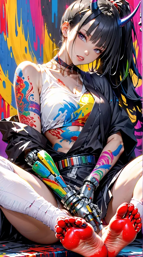  1 girl, solo, arms,  black hair,  tattoo, colorful paint background, Long hair, Mechanical arm,  choker,  looking at viewer ,  head tilt , Katana,  cyberpunk,  black kimono,Sarashi on the chest,Parted lips, colorful paint background, 足の tattoo, 腕の tattoo,...