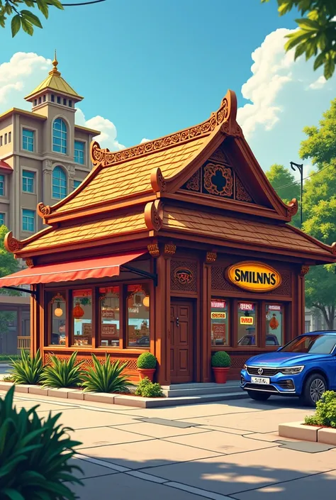 can you create me a floor plan with filipino style restaurant with drive thru and also sa bathroom and drawing style and the second pic is the bloxburg Roblox style quality/image