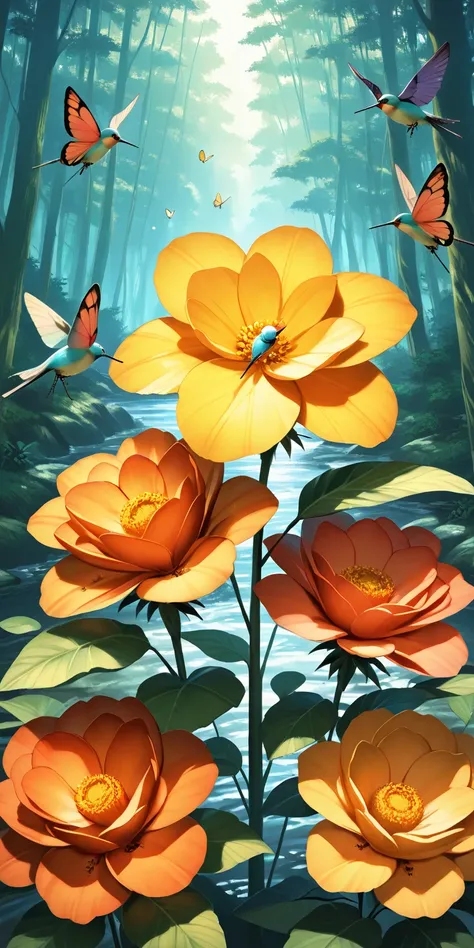 Beautiful hyper-realistic and super-detailed masterpiece that shows a mysterious river in the amazon forest, with the morning sunshine, Flying butterflies on the flowers, hummingbird in a exotic flower