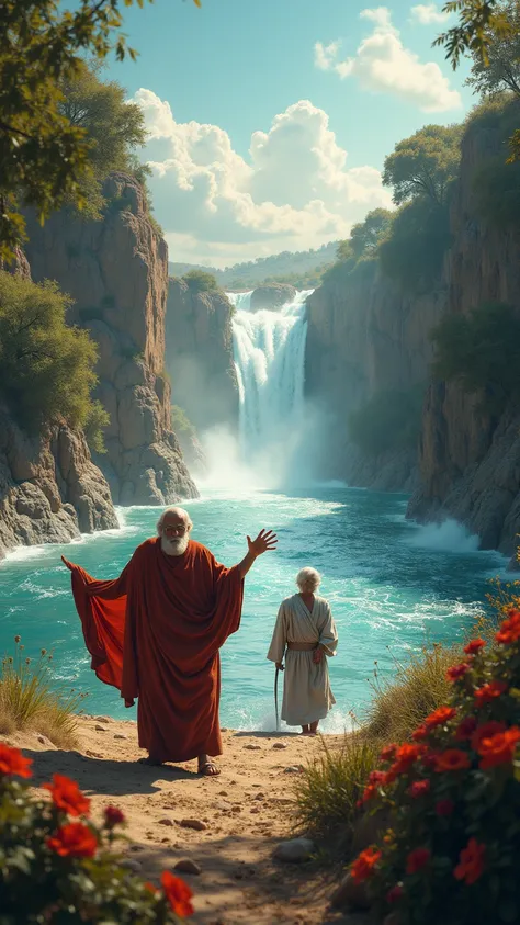 A cinematic, ultra-realistic scene on earth ancient Israel near an river bank, there are two old men, one took his red cloth and rolled it up, and hit the water on the river with full force and the water was parted left and right like water walls at the ti...