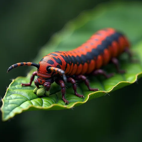 Red and black indian moth caterphillar eating a green leave micro image 3D HD art