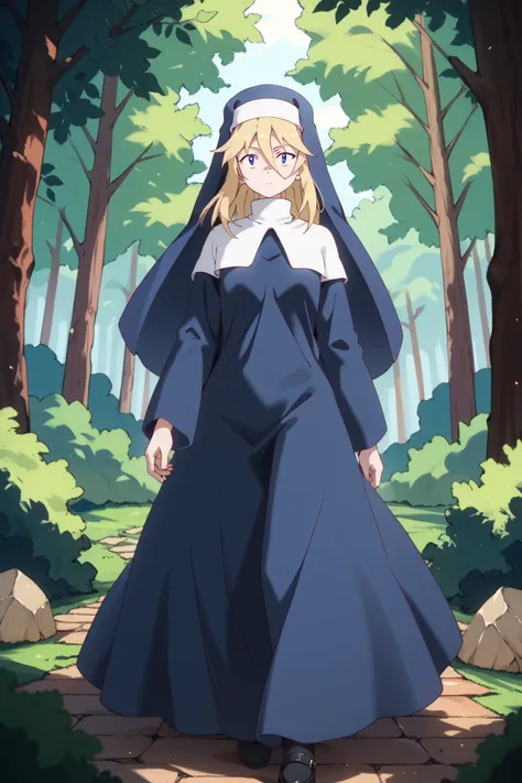 score_9, score_8_up, score_7_up, score_6_up, score_5_up, score_4_up, BREAK source_anime,
gill, 1girl, solo, blonde hair, long hair, long sleeves, blue eyes, long skirt, hair between eyes, habit,nun,  neutral look, standing, wind, forest, night