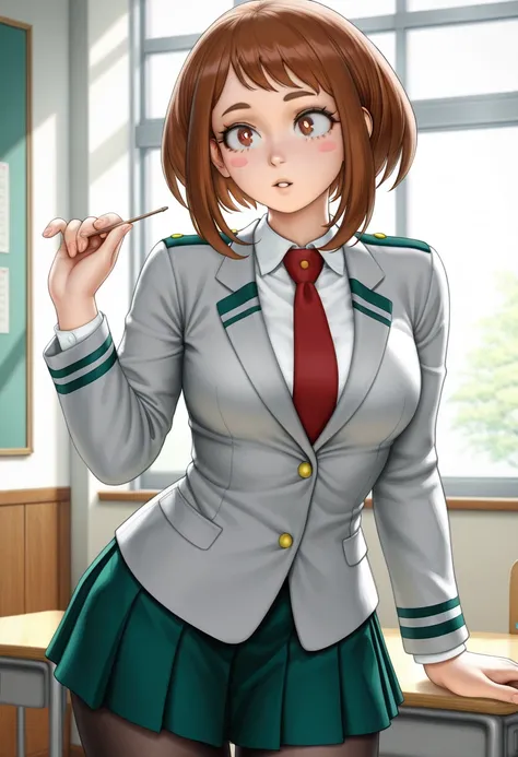 score_9, score_8_up, score_7_up, masterpiece, sciamano240 style, illustrioussciamano, solo, semi-realistic style, pin up, best quality, expressive eyes, perfect face, detailed eyes,detailed pupils, anatomically correct, five fingers, Ochako Uraraka \(My he...