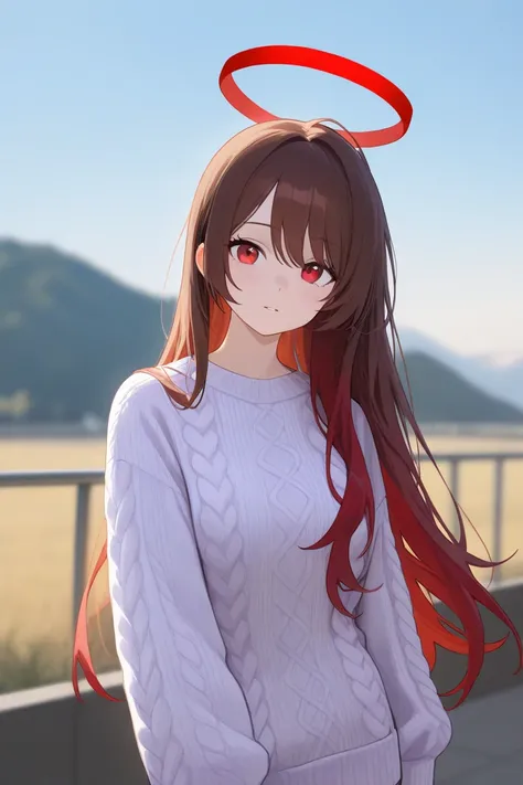 1 girl, Hair length reaches the back, Brown hair and red hair on the edges of the hair, red eyes, but not bright, wear a sexy sweater outfit, หน้าอกไซส์ปานกลาง, have a red halo