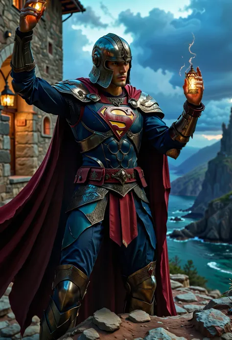 safe_pos, (score_9, score_8_up:1.1), score_7_up, photorealistic, (superman) as a knight in medieval times wearing arm0rs3nt1n3l (dark-metallic-armor) belt, hand up, necklace shoulder armor, gauntlets, pendant,...