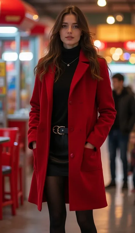 real photo. a female, 22 years old, european, young adult, slim body, small breasts, brunette hair. The girl is very skinnIn a red coat, a very short skirt, black tights and boots with her  daughter in a ren's entertainment center. 