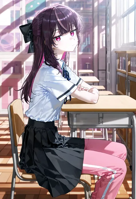 masterpiece, best quality, absurdres, very aestetic, (artist:wagashi (dagashiya)), artist:healthyman, artist:mameojitan, artist:mx2j, artist:quasarcake, from side, desk, ((1girl)), sitting, on chair, wooden desk, classroom, wooden chair, arm rest, white sh...