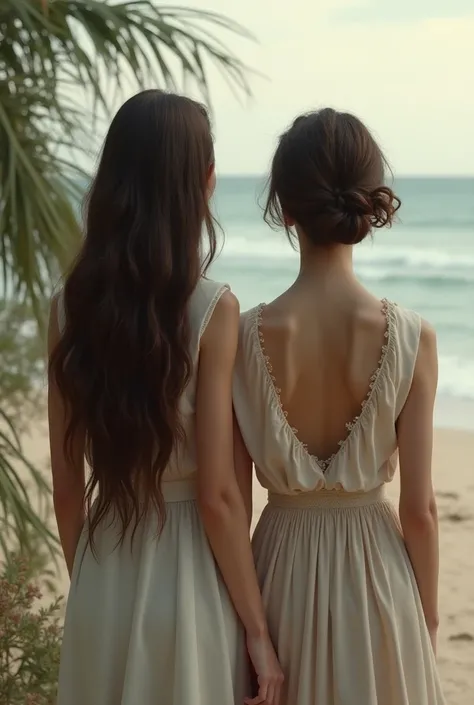 Back view of a girl with long hair and a beautiful woman with short hair