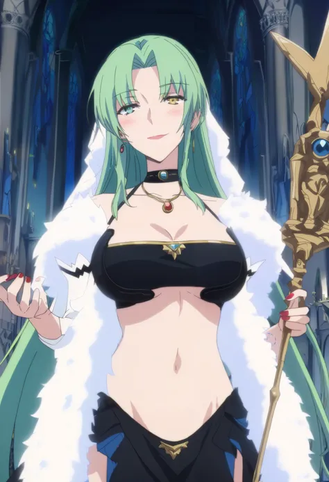 score_9, score_8_up, score_7_up, score_6_up, score_5_up, score_4_up, anime screencap
BREAK
elletear_olis, 1girl, solo, green hair, very long hair, heterochromia, green eyes, yellow eyes, black choker, fur shawl, nail polish, , ear piercing, long hair, blus...