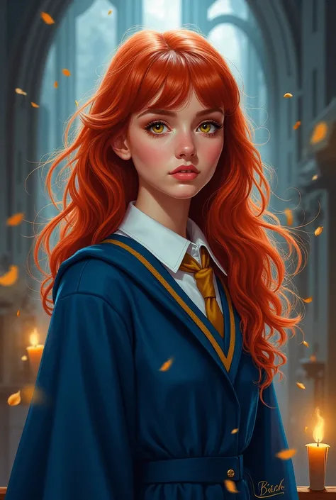 Ravenclaw Uniform Red Hair girl with fringe yellow eyes illustration