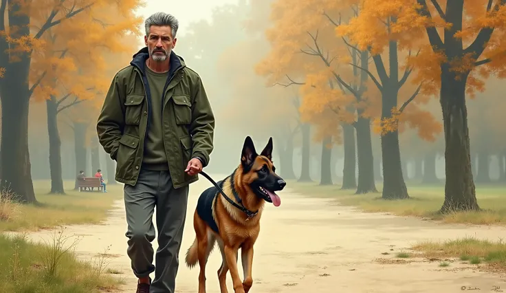 draw a middle age x-army man having grey hairs , small beard , light wrinkle soft skin , looking like messi footballer,  wearing a army jacket with a German Shepherd  dog , both are walking in a park 
