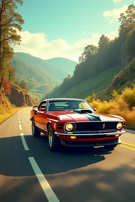 Mustang 1970,road,good weather, Beautiful around , atmospheric  