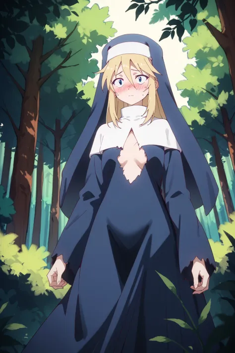 score_9, score_8_up, score_7_up, score_6_up, score_5_up, score_4_up, BREAK source_anime,
gill, 1girl, solo, blonde hair, long hair, long sleeves, blue eyes, long skirt, hair between eyes, habit,nun, blush, worried look, standing, forest, night, ripped skir...