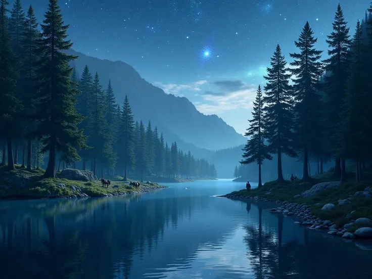 A serene lake surrounded by tall pine trees, reflecting the starlit sky as the royal caravan rests nearby.
