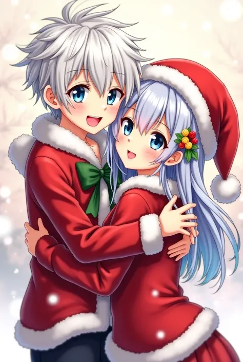 Anime boy. white hair. blue eyes. smiles. Christmas outfit. Hugging the girl from behind. Anime girl. Silver hair. Blue eyes. Smiles. Christmas outfit. 