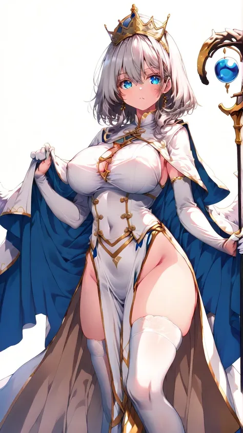  1 girl,  Masterpiece, ( anatomically correct), Blue clothes, white stockings, Clergy, (Long-handled Staff ), (bible),  expressionless , long dress with slits,  big breasts, Thighs,((Alluring)),(( white background)),  silver hair,  medium hair, blue eyes w...