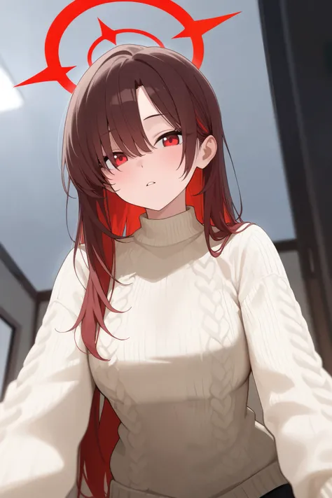 1 girl, Hair length reaches the back, Brown hair and red hair on the edges of the hair, red eyes, but not bright, wear a sexy sweater outfit, หน้าอกไซส์ปานกลาง, have a red halo