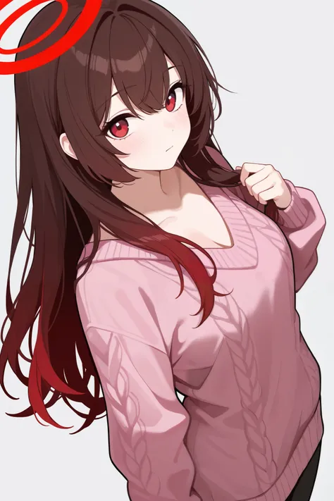 1 girl, Hair length reaches the back, Brown hair and red hair on the edges of the hair, red eyes, but not bright, wear a sexy sweater outfit, หน้าอกไซส์ปานกลาง, have a red halo