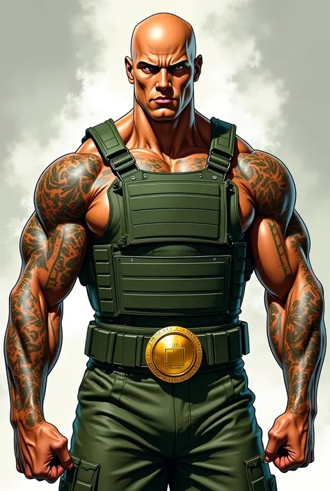 Tongan superhero , muscular,handsome and looks like the rock.he is also bald .he is wearing army green tactical outfit with a green bullet proof vest .both his arms are covered in Polynesian tattoos .he is also wearing a large gold belt buckle. Comic book ...