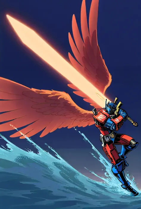 Optimus prime in Knight form in michael bay, part 4, painted like this, but with the body of optimus prime in white, a little blue-red light pattern all over the body, in a flying pose, and with a magical wing, water element behind it, with his companion s...