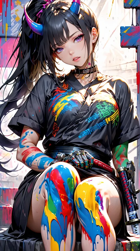  1 girl, solo, arms,  black hair,  tattoo, colorful paint background, Long hair, Mechanical arm,  choker,  looking at viewer ,  head tilt , Katana,  cyberpunk,  black kimono,Sarashi on the chest,Parted lips, colorful paint background, 足の tattoo, 腕の tattoo,...