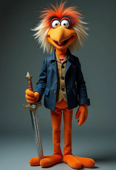 Accurate  、Full Body Photo from head to toe  、 Standing in their Full Height from head to toe  、Good Quality Photo   、Gonzo the Great from the Muppets 、 Refer to the image that I uploaded 、 Wearing a Dark blue Jacket 、Holding a diamond sword