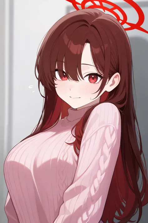 1 girl, Hair length reaches the back, Brown hair and red hair on the edges of the hair, red eyes, but not bright, wear a sexy sweater outfit, หน้าอกไซส์ปานกลาง, have a red halo