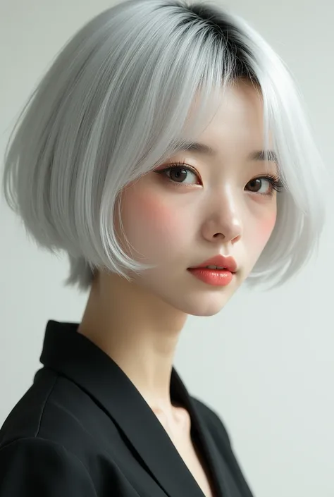 create a real woman with white short hair and japanese