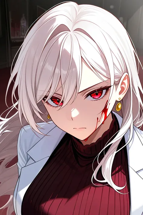 white hair girl, blood red eyes, serious mafia vibe, elegant mature style, wearing lab coat