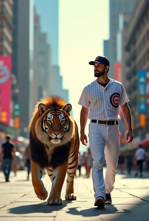 A man is walking in a basaball outfit with a big cat in the middle of the city 