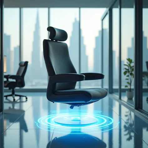 Floating product shot of a magnetic levitation ergonomic chair in a glass-walled executive office. Capture its adaptive lumbar support expanding and retracting, with blue magnetic field lines visible beneath its hovering base. Include reflections of Dubai'...