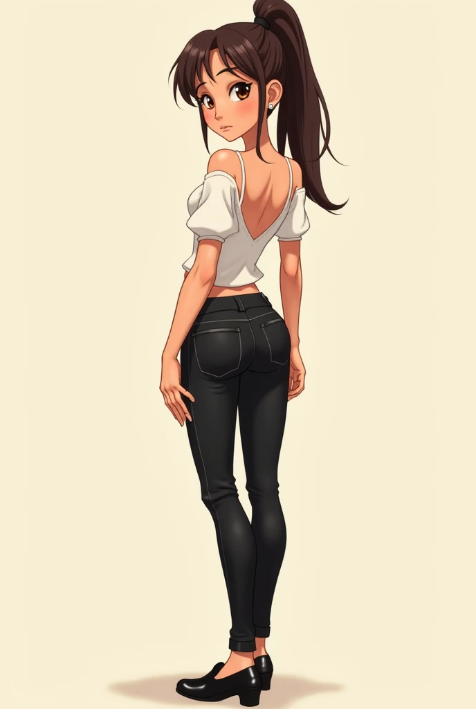 Young woman, umber body, beige skin, brown eyes, black hair with ponytail, white blouse with backless neckline, black pants, black shoes, animated