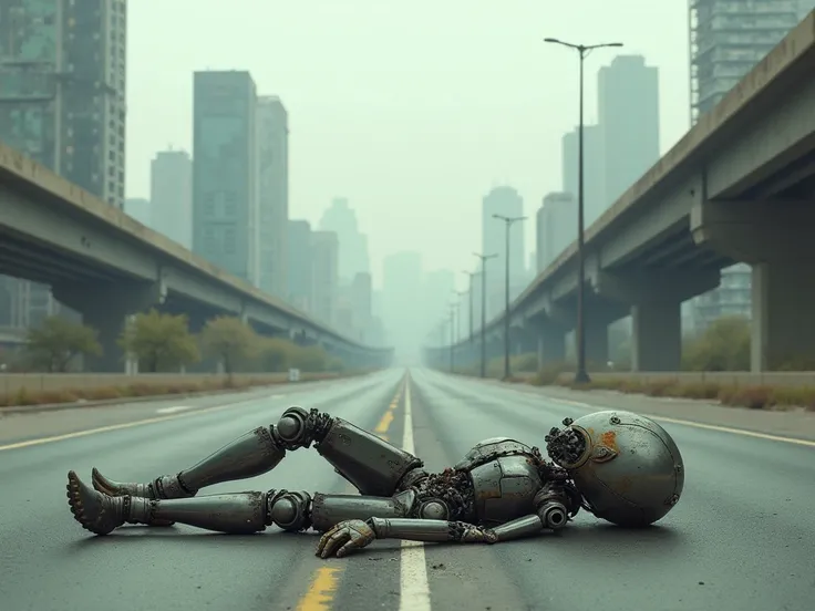 Imagine a futuristic metropolis abandoned by mankind about a hundred years ago., On the road there is an old runaway robot half destroyed on the ground,  perfect details, 8k.