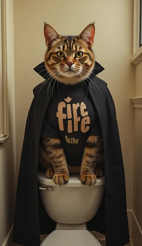 father cat, dressed like vilain,  in his shirt that said "Fire fire", was sitting on the toilet 