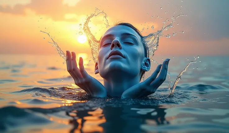 "A surreal digital artwork of a human face made entirely of water, emerging from a calm ocean at sunset. The face is sculpted with water streams flowing around, and two water hands are lifting the face. Droplets are splashing around, adding a dynamic effec...