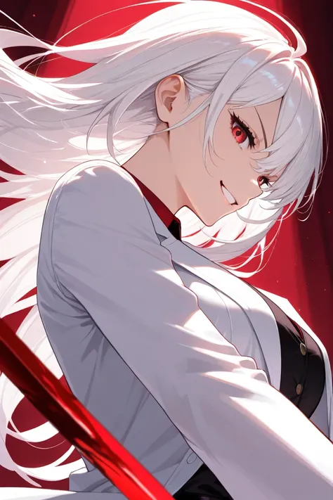 white hair girl, blood red eyes, serious mafia vibe, grin like a devil, elegant style, wearing white lab coat.