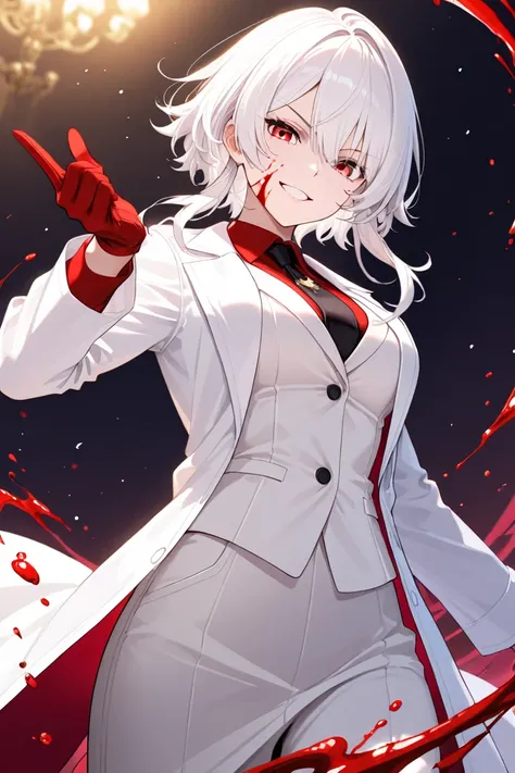 white hair girl, blood red eyes, serious mafia vibe, grin like a devil, elegant style, wearing white lab coat.