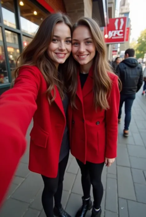 real photo. a female, 22 years old, european, young adult, slim body, small breasts, brunette hair. The girl is very skinnIn a red coat, a very short skirt, black tights and boots with her  daughter at kfc.  selfie on the phone's front camera at arm's leng...