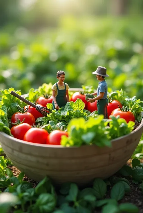  Create image of farmer in giant salad bowl with miniature farmers harvesting salad in bowl while giant cherry tomatoes as big as their house with visual detail of fresh green leaves, mini farming tools and morning mist effect banned salada 