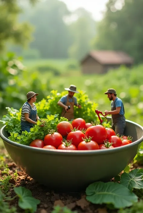  Create image of farmer in giant salad bowl with miniature farmers harvesting salad in bowl while giant cherry tomatoes as big as their house with visual detail of fresh green leaves, mini farming tools and morning mist effect banned salada 