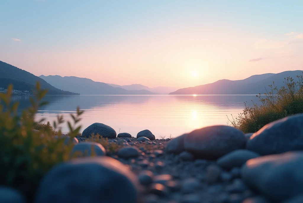 Lake at dusk of a clear day .  Latad front of rocks and shrubs. high resolution,  award winning , depth of field, cinematic lighting, Ghibli-like Colors, from side, blurry foreground, 